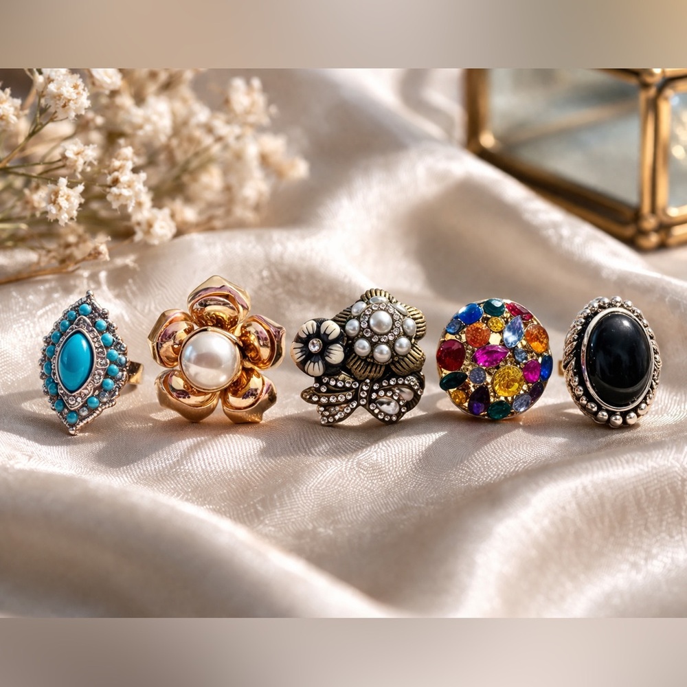 Vintage Statement Ring Lot | Pearl, Turquoise, Rhinestone | Sz 6.5–8